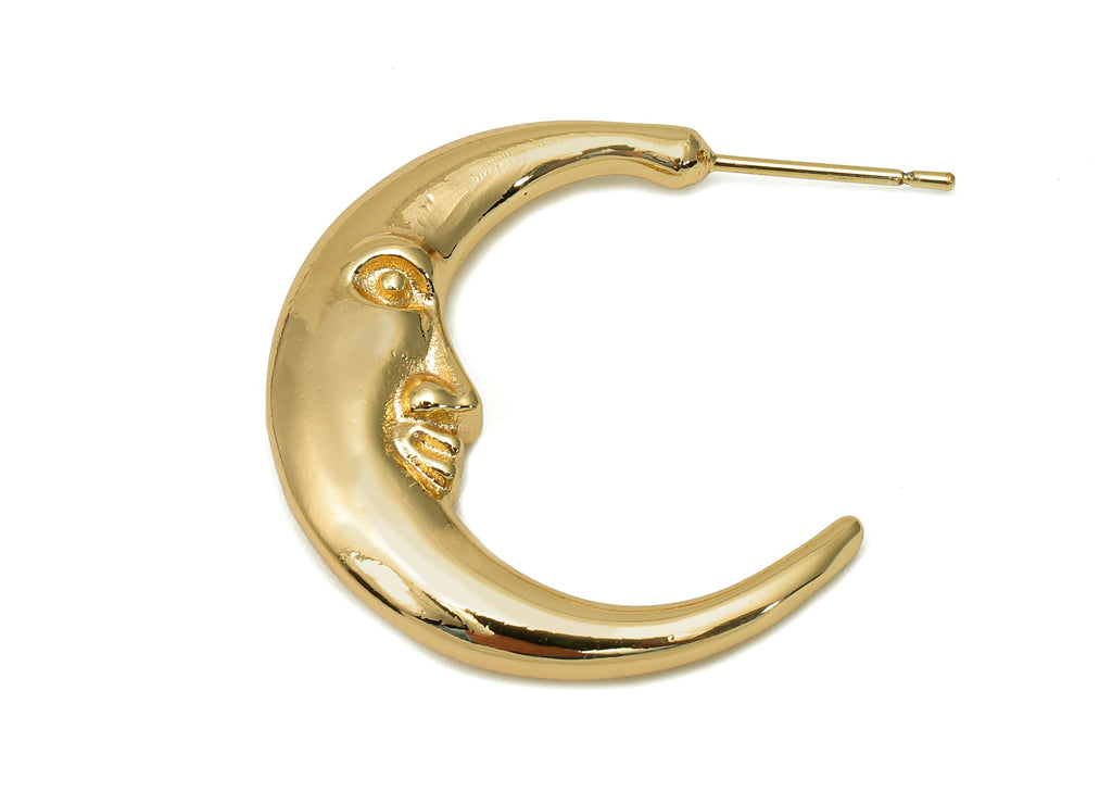 Brass Crescent Face Earring Post - Hoop Stud Earring With Loop - 316 Stainless Steel - 18K Real Gold Plating - 28.3x32.8x5.6mm - RGP5696 - DOMEDBAZAAR