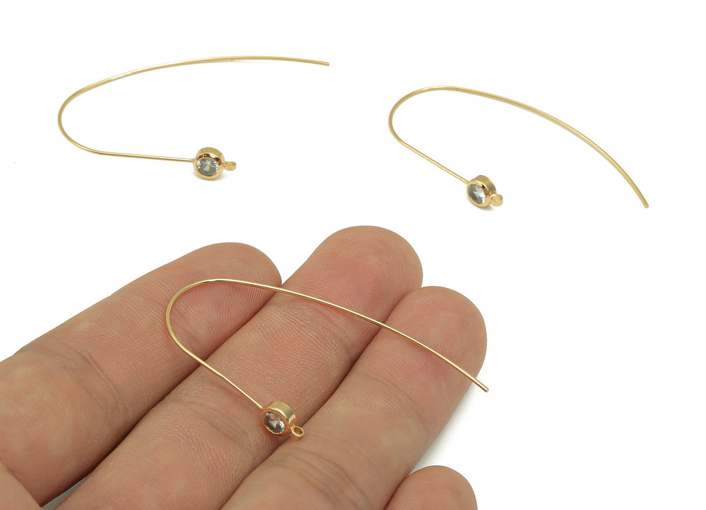 Brass Zircon Earring Wires - Gold Hook Wire With Loop - Ears Wire Hooks - Earring Findings - 18K Real Gold Plating - 45.2x29.2x2.4mm-RGP4692 - DOMEDBAZAAR