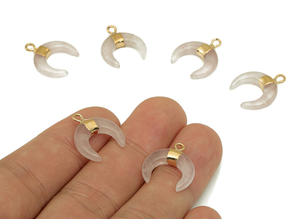 Brass Pink Crescent Rose Quartz - Moon Gemstone Pendant With Loop - Natural Stone - Gold Tone Plated Brass - 15.7x18.2x3.7mm - NS1889A - DOMEDBAZAAR