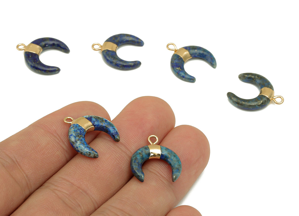 Brass Navy Crescent Lapis Lazuli - Moon Gemstone Pendant With Loop - Natural Stone - Gold Tone Plated Brass - 15.7x18.2x3.7mm - NS1889C - DOMEDBAZAAR