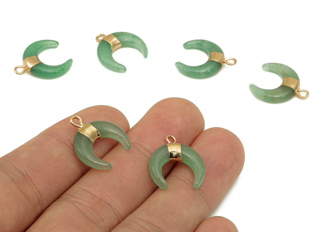 Brass Green Crescent Aventurine - Moon Gemstone Pendant With Loop - Natural Stone - Gold Tone Plated Brass - 15.7x18.2x3.7mm - NS1889D - DOMEDBAZAAR