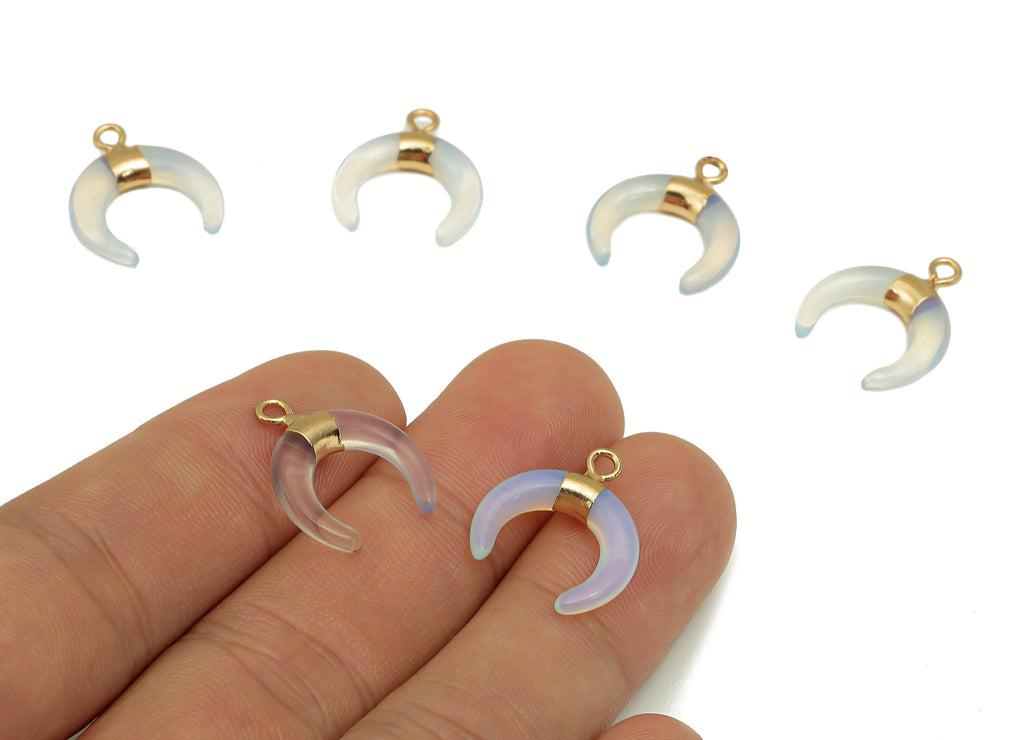 Brass Clear White Crescent Opal - Moon Gemstone Pendant With Loop - Transparent Natural Stone - Gold Tone Plating - 15.7x18.2x3.7mm -NS1889E - DOMEDBAZAAR