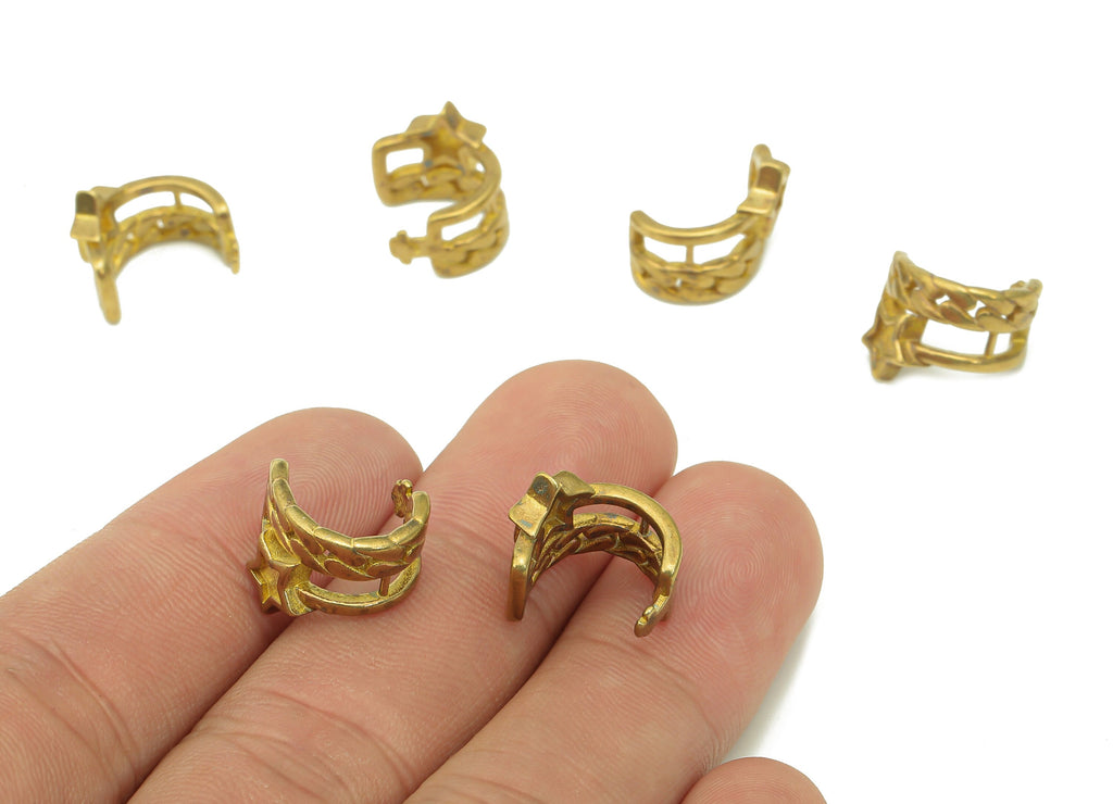 Brass Star Open Round C Ring - Raw Brass Huggie Hoop Ear Cuff - Leaf Textured Cuff Earring - Wide Earring Cuff - 13.49x10.34x1.51mm - PP8133 - DOMEDBAZAAR