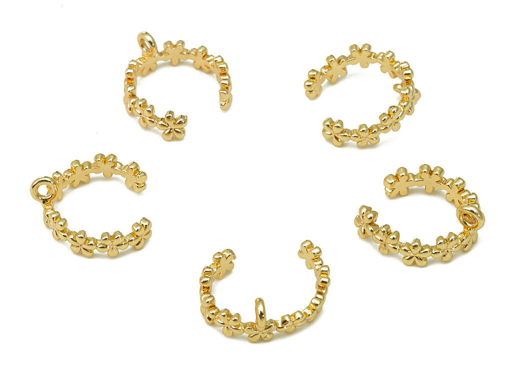 Brass Mini Flower Open Round Ring - Gold Flower Ear Clip - C Cuff Ear With Loop - 18K Real Gold Plating Earring Cuff - 11.2x5.3x1mm -RGP5540 - DOMEDBAZAAR