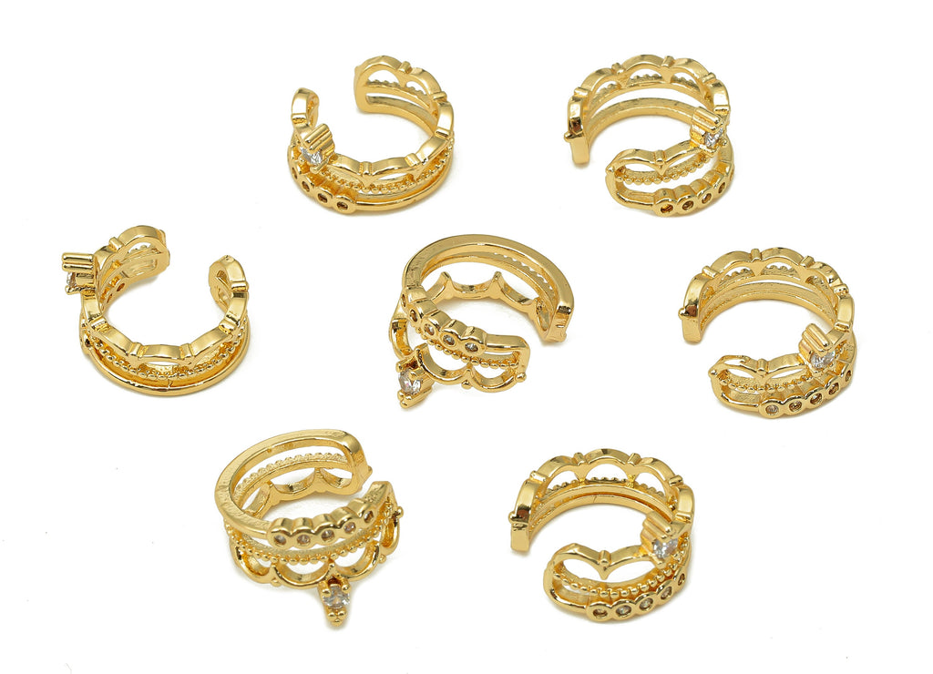 Brass Crown Open Round C Ring - Hoop Ear Clip With Zircon - Huggie Earring Cuff - 18K Real Gold Plating Cuff Ear - 12.7x8.1x1.5mm - RGP5549 - DOMEDBAZAAR