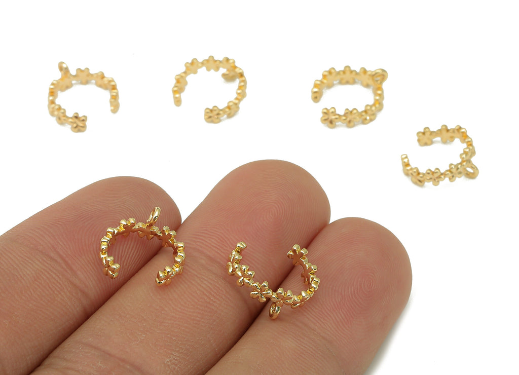 Brass Mini Flower Open Round Ring - Gold Flower Ear Clip - C Cuff Ear With Loop - 18K Real Gold Plating Earring Cuff - 11.2x5.3x1mm -RGP5540 - DOMEDBAZAAR