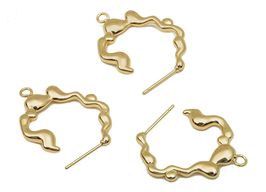 Brass Wave Earrings Clasps - Wavy Earring Hoop Stud - Curved Clasp With Loop - Gang Zheng - 18K Real Gold Plating - 29.1x22.1x2.2mm -RGP5769 - DOMEDBAZAAR