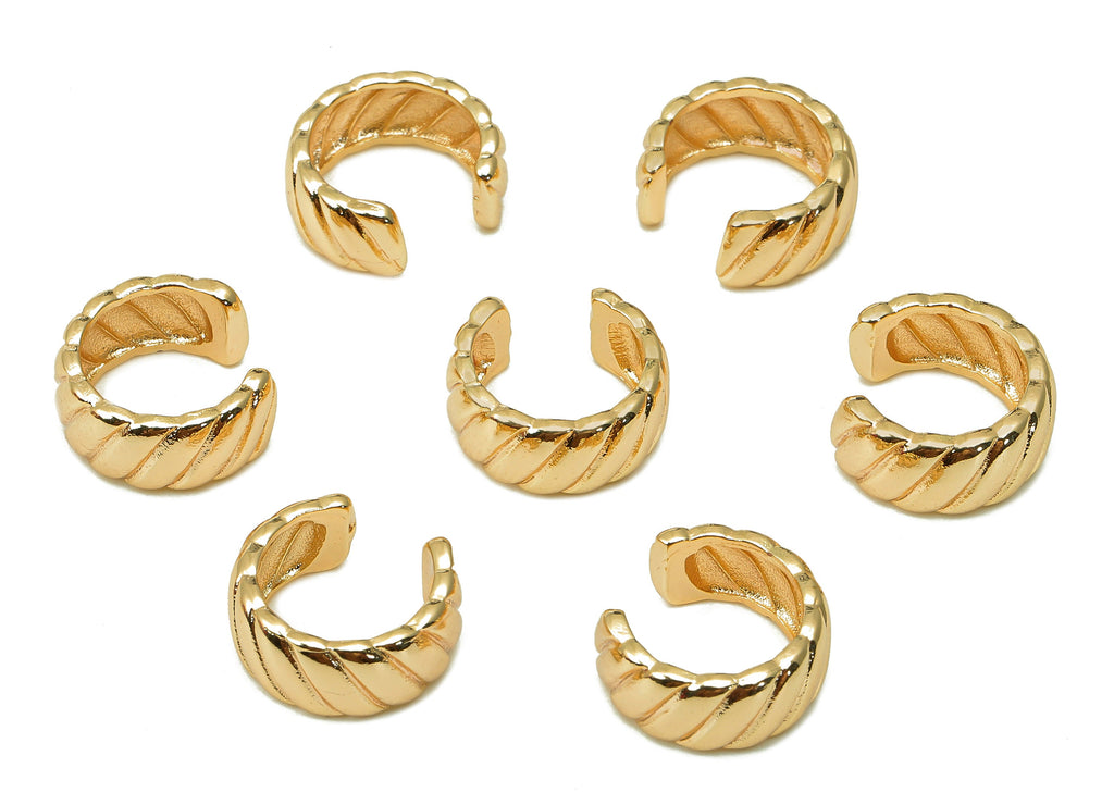 Brass Twisted Open Round C Ring - Huggie Hoop Earring Clip - Wide Textured Cuff Ear - 18K Real Gold Plating - 12.03x11.58x1.57mm - RGP5462 - DOMEDBAZAAR