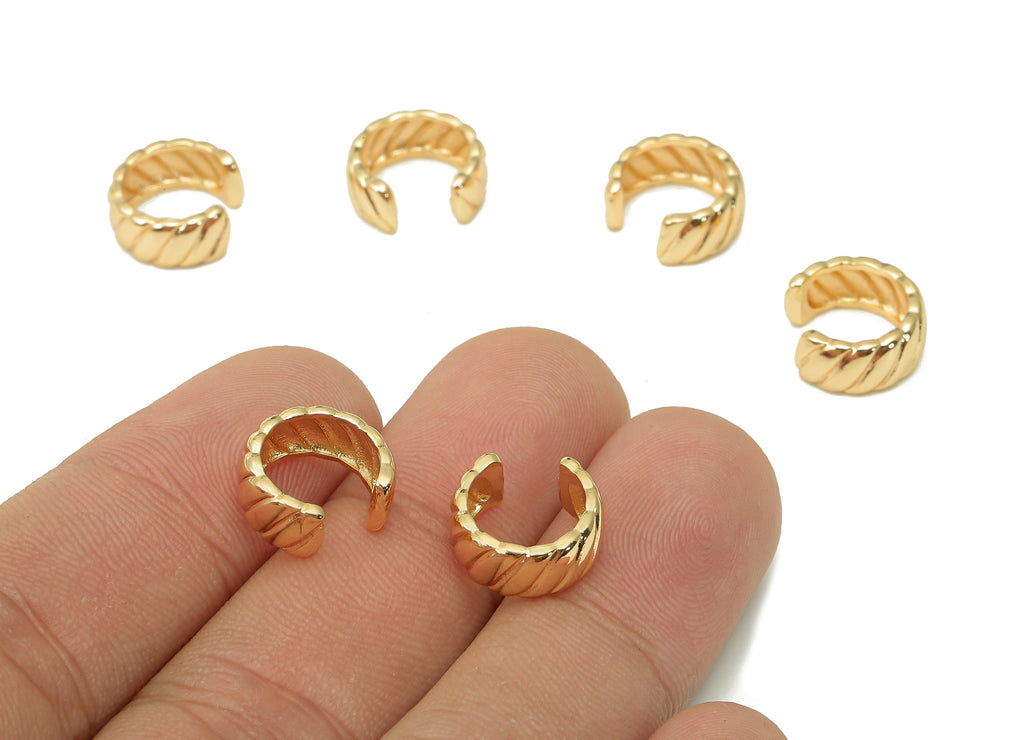 Brass Twisted Open Round C Ring - Huggie Hoop Earring Clip - Wide Textured Cuff Ear - 18K Real Gold Plating - 12.03x11.58x1.57mm - RGP5462 - DOMEDBAZAAR