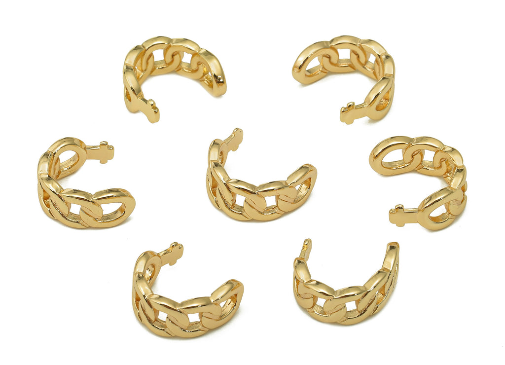 Brass Curb Chain Hoop C Ring - Round Hollow Earring Cuff - Wide Hoop Ear Clip - 18K Real Gold Plating Cuff Ear - 11.9x11.3x1.6mm - RGP5485 - DOMEDBAZAAR