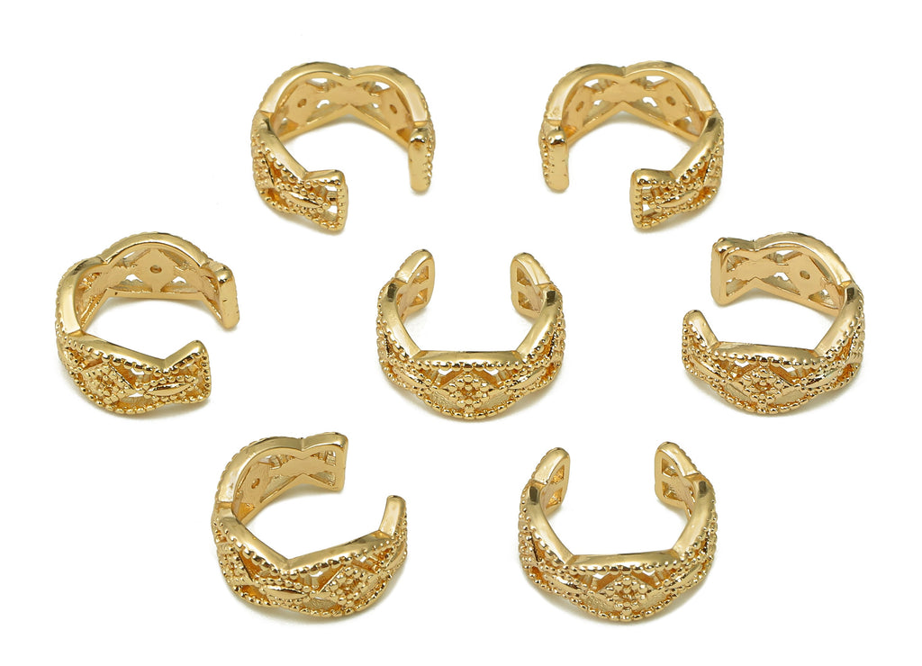 Brass Diamond Open Round C Ring - Hollow Hoop Earring Cuff - Rhombus Ear Cuff - 18K Real Gold Plated Brass - 11.94x10.98x1.37mm - RGP5467 - DOMEDBAZAAR