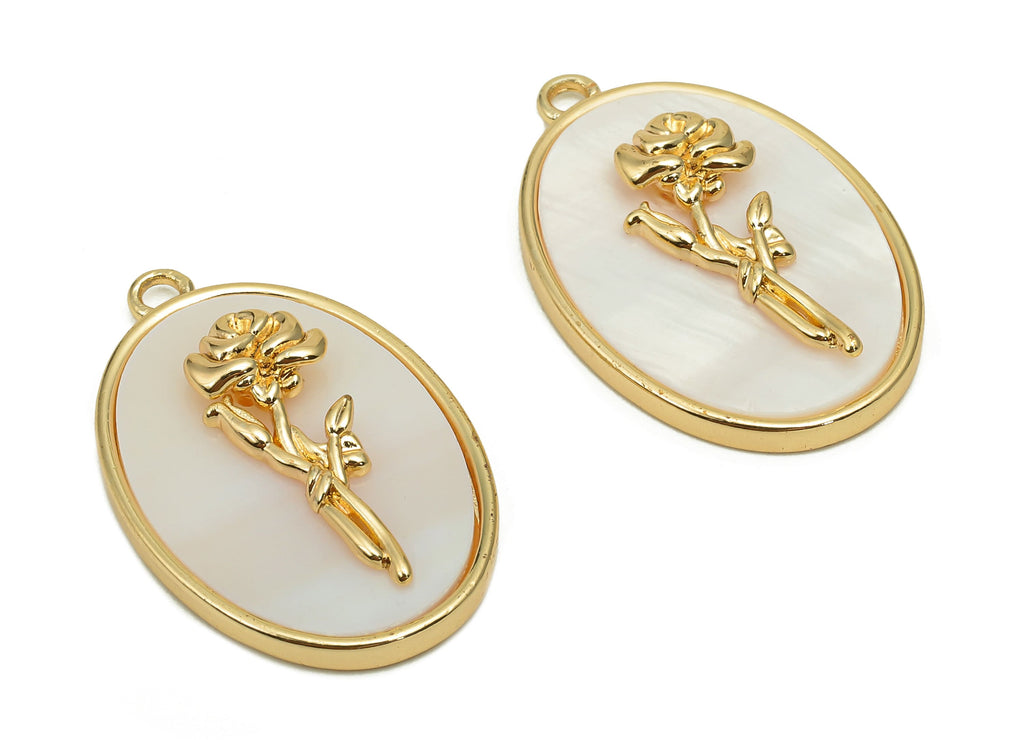 Brass Flower Shell Oval Earring - Pearl Drop Rose Pendant - Necklace Charm With Loop - 18K Real Gold Plating - 27.1x17.8x4.3mm - RGP5647G - DOMEDBAZAAR
