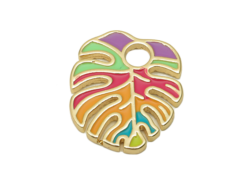 Brass Monstera Leaf Charms - Colorful Enamel Dot Leaves Earring - Spot Botanical Pendant - 18K Real Gold Plating - 18.6x15.9x1.6mm -RGP5648A - DOMEDBAZAAR