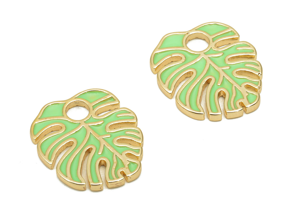 Brass Monstera Leaf Charms - Light Green Enamel Dot Leaves Earring - Spot Botanical Pendant - 18K Real Gold Plating-18.6x15.9x1.6mm-RGP5648C - DOMEDBAZAAR