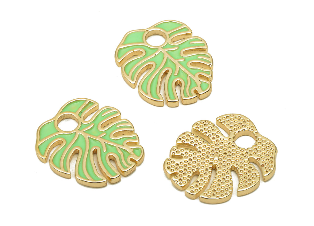 Brass Monstera Leaf Charms - Light Green Enamel Dot Leaves Earring - Spot Botanical Pendant - 18K Real Gold Plating-18.6x15.9x1.6mm-RGP5648C - DOMEDBAZAAR