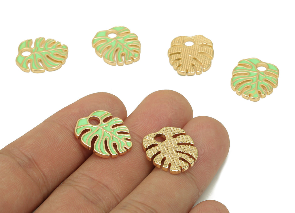 Brass Monstera Leaf Charms - Light Green Enamel Dot Leaves Earring - Spot Botanical Pendant - 18K Real Gold Plating-18.6x15.9x1.6mm-RGP5648C - DOMEDBAZAAR