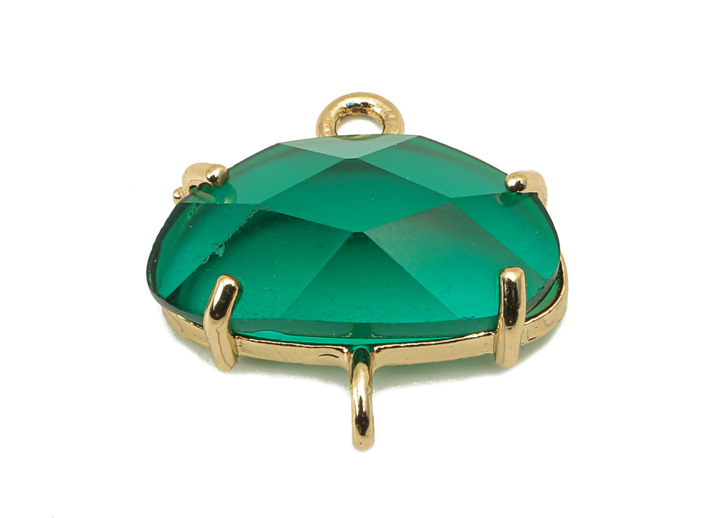 Brass Frame Oval Glass Earring Connector - Clear Green Pendant With 2 Loops - Gold Tone Plating - Faceted Glass - 18.8x17.6x6.4mm - GS1153 - DOMEDBAZAAR