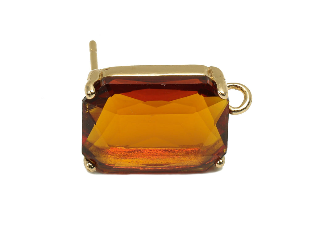 Brass Frame Rectangle Stud Earring - Faceted Clear Orange Glass With Loop - Stainless Steel - Gold Tone Plating - 16.5x10.3x5.2mm - GS1155C - DOMEDBAZAAR