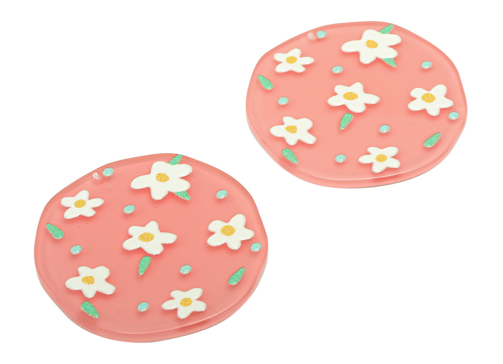 Acrylic Flower Round Earring Charm - Acrylic Pink Circle Earring - Round Pendant With Hole - Charm For Necklace - 36.9x36.5x2.4mm - AC2577B - DOMEDBAZAAR