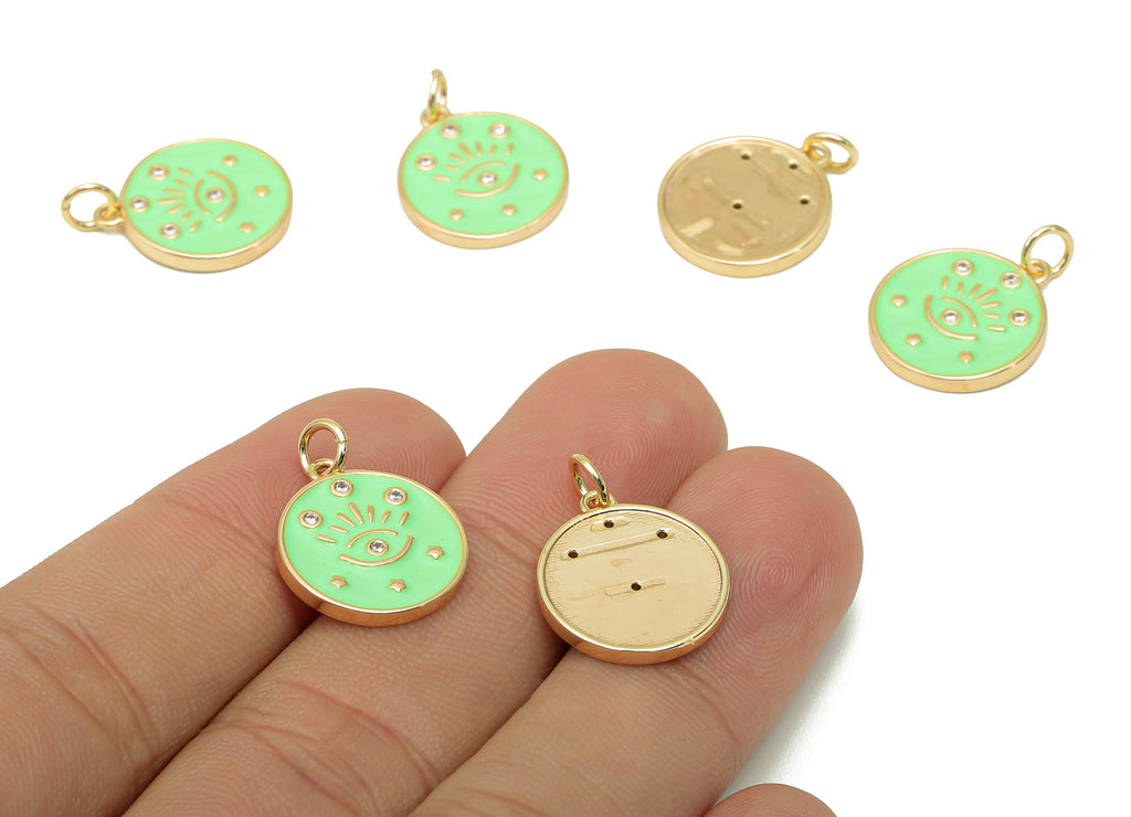 Brass Zircon Round Eyelash Pendant - Light Green Enamel Eye Earring - Circle Charm With Loop - 18K Real Gold Plating -20.3x15x1.7mm-RGP5663A - DOMEDBAZAAR