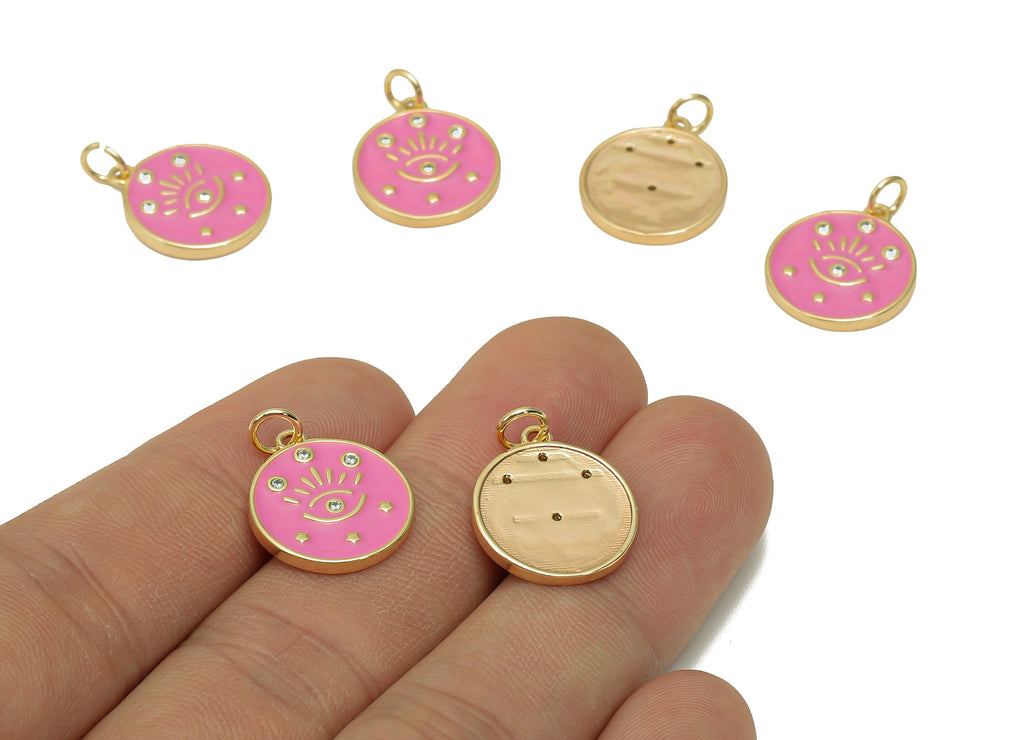 Brass Zircon Round Eyelash Pendant - Light Pink Enamel Eye Earring - Circle Charm With Loop - 18K Real Gold Plating - 20.3x15x1.7mm-RGP5663B - DOMEDBAZAAR