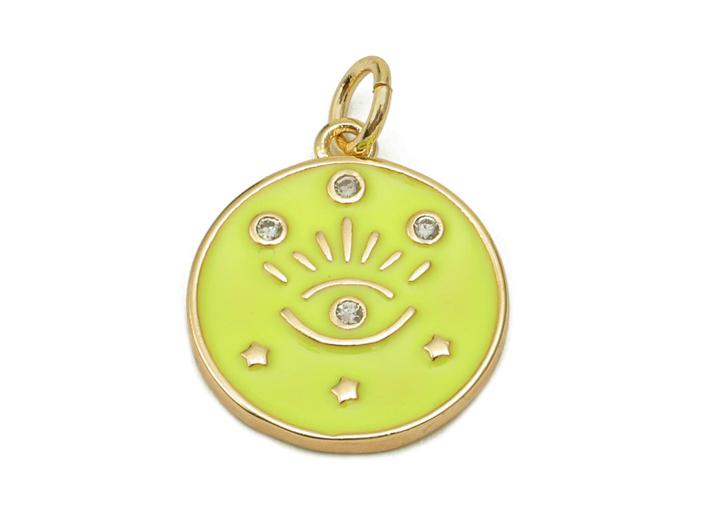 Brass Zircon Round Eyelash Pendant - Yellow Enamel Eye Earring - Circle Charm With Loop - 18K Real Gold Plating - 20.3x15x1.7mm - RGP5663C - DOMEDBAZAAR