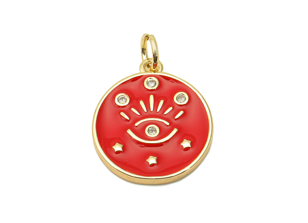 Brass Zircon Round Eyelash Pendant - Red Enamel Eye Earring - Circle Charm With Loop - 18K Real Gold Plating -20.3x15x1.7mm-RGP5663D - DOMEDBAZAAR