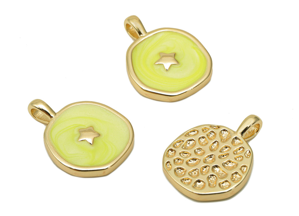 Brass Hammered Round Star Pendant - Yellow Circle Enamel Earring - Necklace Charm With Loop - 18K Real Gold Plating-17.5x13.3x1.8mm-RGP5664E - DOMEDBAZAAR