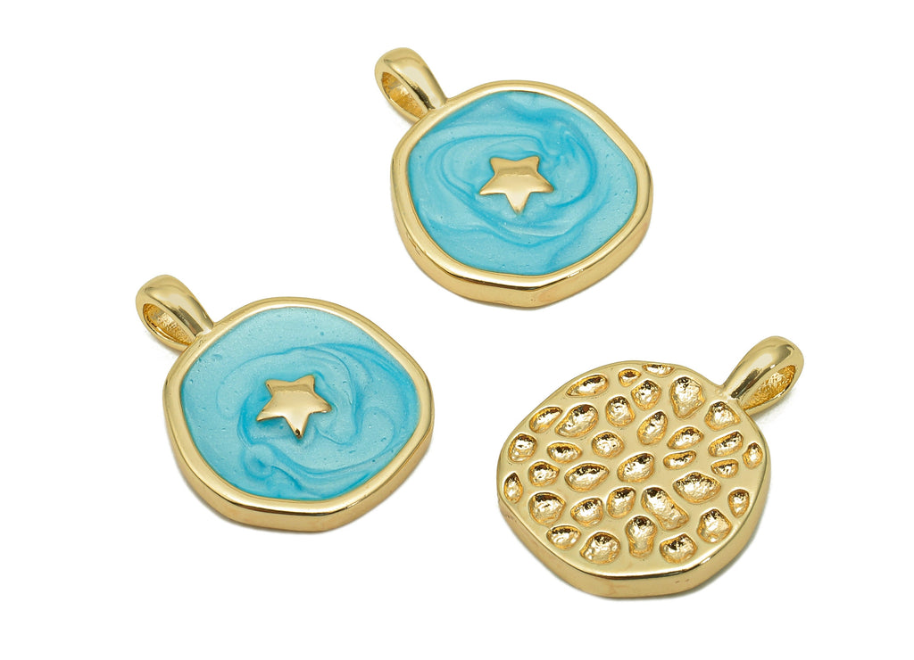 Brass Hammered Round Star Pendant - Blue Circle Enamel Earring - Necklace Charm With Loop - 18K Real Gold Plating - 17.5x13.3x1.8mm-RGP5664G - DOMEDBAZAAR