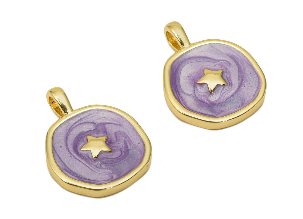 Brass Hammered Round Star Pendant - Purple Circle Enamel Earring - Necklace Charm With Loop - 18K Real Gold Plating-17.5x13.3x1.8mm-RGP5664H - DOMEDBAZAAR