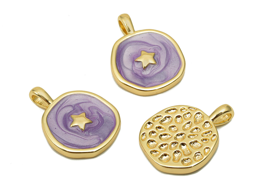 Brass Hammered Round Star Pendant - Purple Circle Enamel Earring - Necklace Charm With Loop - 18K Real Gold Plating-17.5x13.3x1.8mm-RGP5664H - DOMEDBAZAAR