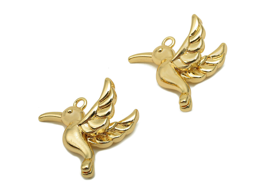 Brass Hummingbird Earrings Charms - Gold Animal Earring - Bird Pendant With Loop - 18K Real Gold Plating Charm - 15.1x17.3x3.7mm - RGP5687 - DOMEDBAZAAR
