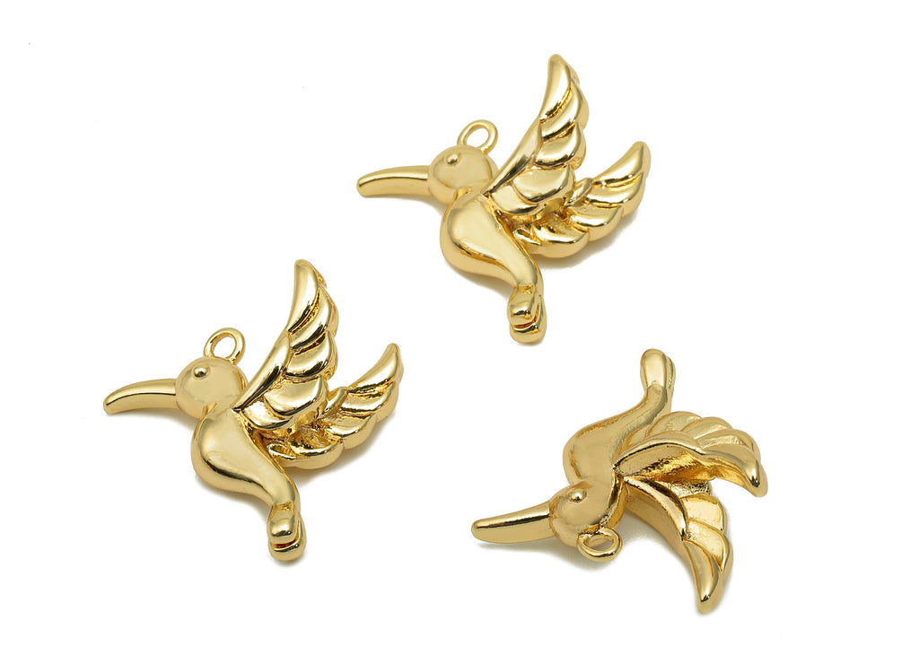 Brass Hummingbird Earrings Charms - Gold Animal Earring - Bird Pendant With Loop - 18K Real Gold Plating Charm - 15.1x17.3x3.7mm - RGP5687 - DOMEDBAZAAR