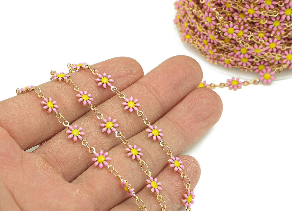 Brass Daisy Chain - Enamel Pink Flower Chains - Floral Link Chain ...