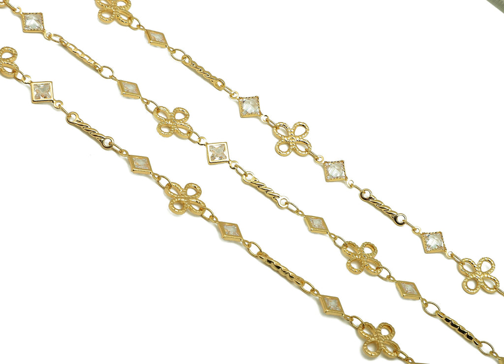 Brass Flower Link Chain - Gold Link Chain - Cubic Zirconia CZ Link Chain - Bracelet Chain - 18K Chains - 34.9x10.1x2.2mm -RGP6435 - DOMEDBAZAAR