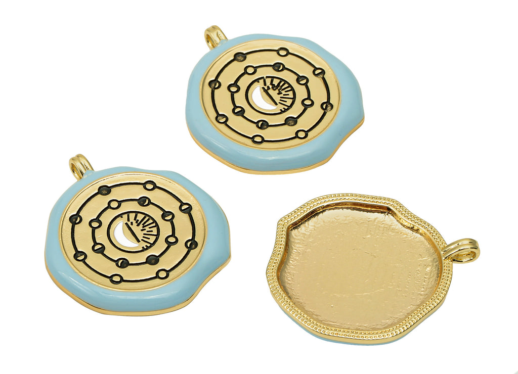 Brass Enamel Round Sun Charm - Blue Circle Moon Phase Earring - Crescent Pendant With Loop - 18K Real Gold Plating - 31.1x27.3x2.8mm-RGP5735 - DOMEDBAZAAR