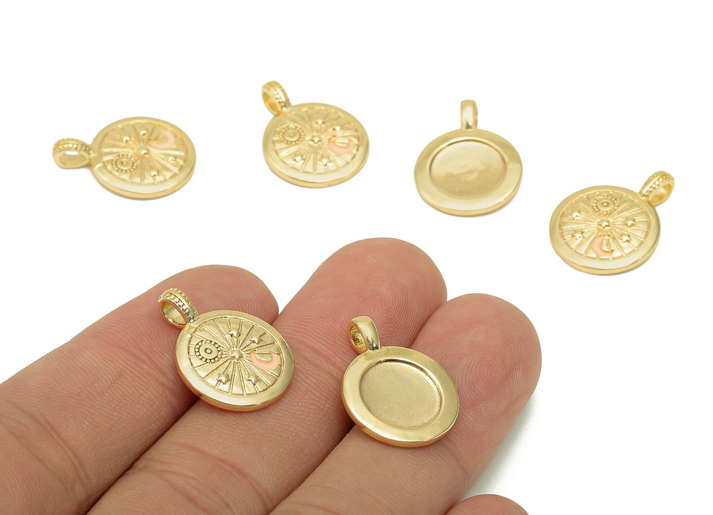 Brass Star Thick Round Charm - Enamel Crescent Circle Earring - Star Pendant With Loop - 18K Real Gold Plating - 19.9x14.9x1.9mm - RGP5739 - DOMEDBAZAAR