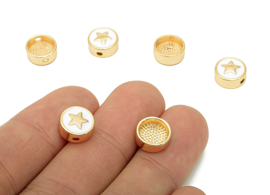 Brass Enamel Round Star Charm - Circle Spot Spacer Necklace - Dots Spacer Bracelet - 18K Real Gold Plating - 10.2x10.2x0.8mm - RGP5742A - DOMEDBAZAAR