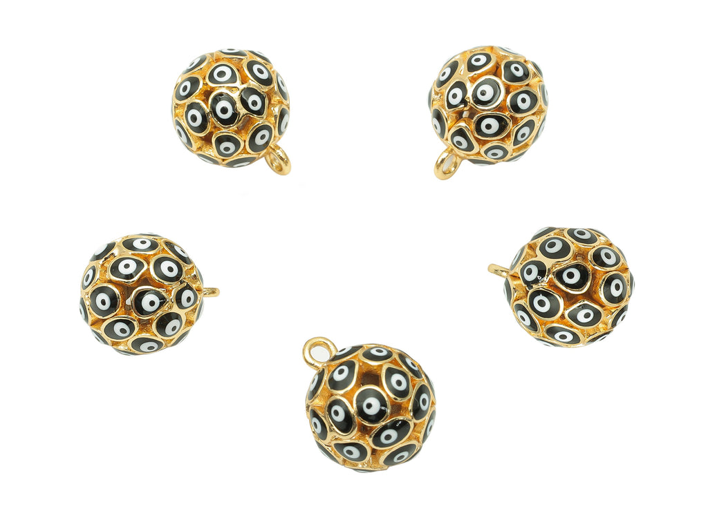 Brass Black Ball Eye Pendant - Enamel Hollow Ball Earring - Necklace Charm With Loop - 18K Real Gold Plating - 15.3x12.3x12.3mm - RGP5745A - DOMEDBAZAAR