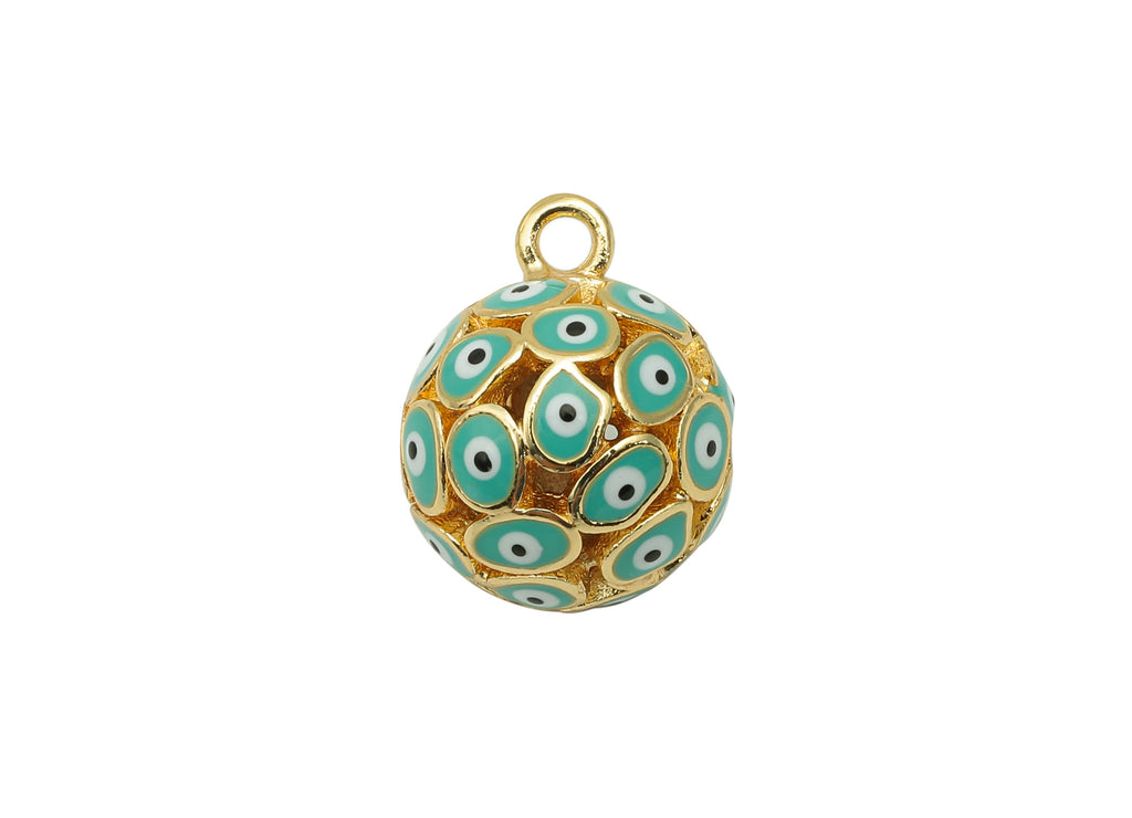 Brass Aqua Ball Eye Pendant - Enamel Hollow Ball Earring - Necklace Charm With Loop - 18K Real Gold Plating - 15.3x12.3x12.3mm - RGP5745C - DOMEDBAZAAR