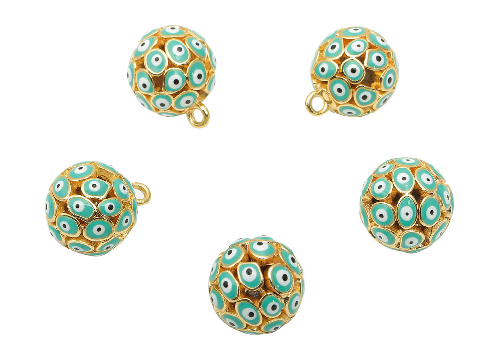 Brass Aqua Ball Eye Pendant - Enamel Hollow Ball Earring - Necklace Charm With Loop - 18K Real Gold Plating - 15.3x12.3x12.3mm - RGP5745C - DOMEDBAZAAR