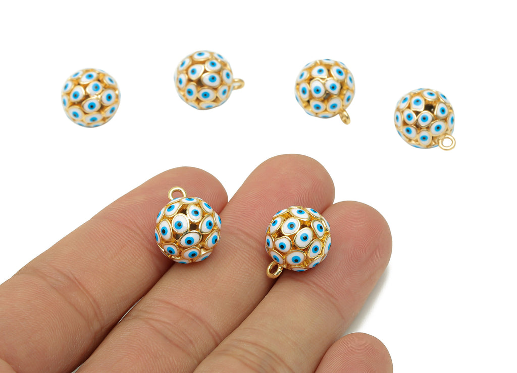 Brass White Ball Eye Pendant - Enamel Hollow Ball Earring - Necklace Charm With Loop - 18K Real Gold Plating - 15.3x12.3x12.3mm - RGP5745B - DOMEDBAZAAR