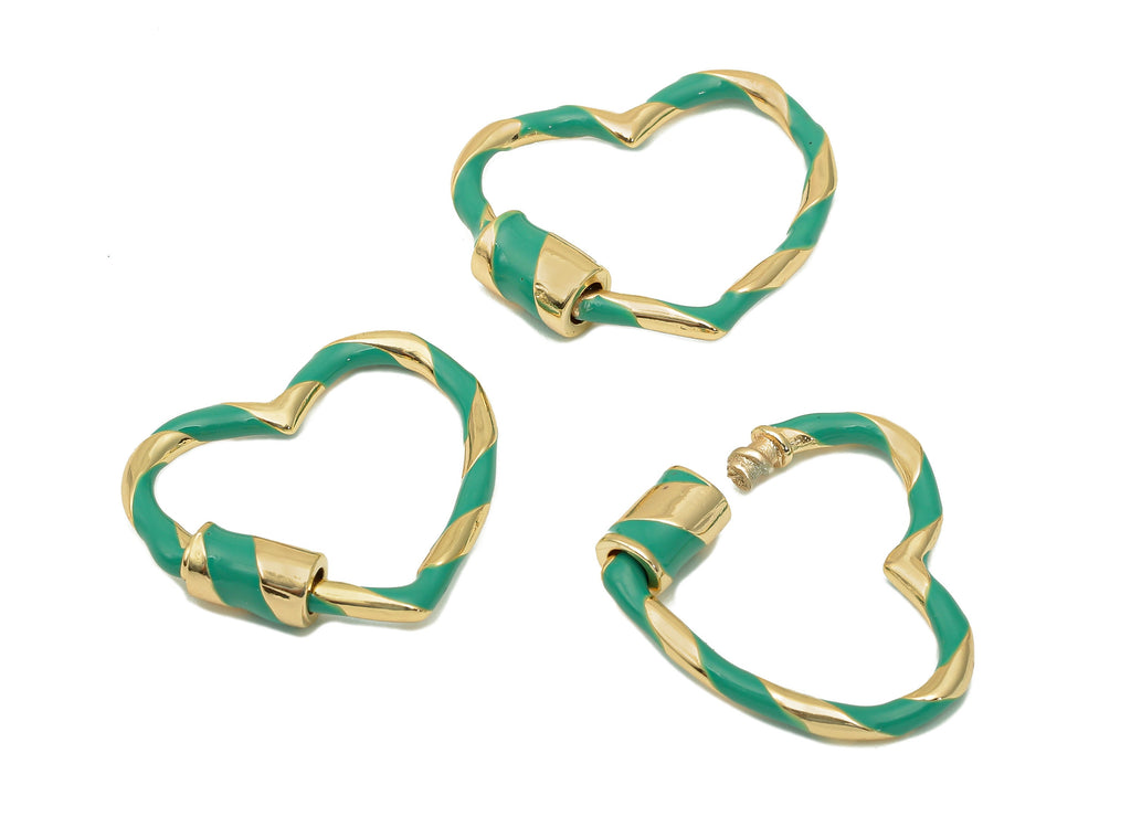 Brass Enamel Heart Screw Clasp - Green Twisted Turnbuckle Lock - Heart Buckle Carabiner - 18K Real Gold Plating - 21.9x25.4x2.3mm - RGP5748 - DOMEDBAZAAR