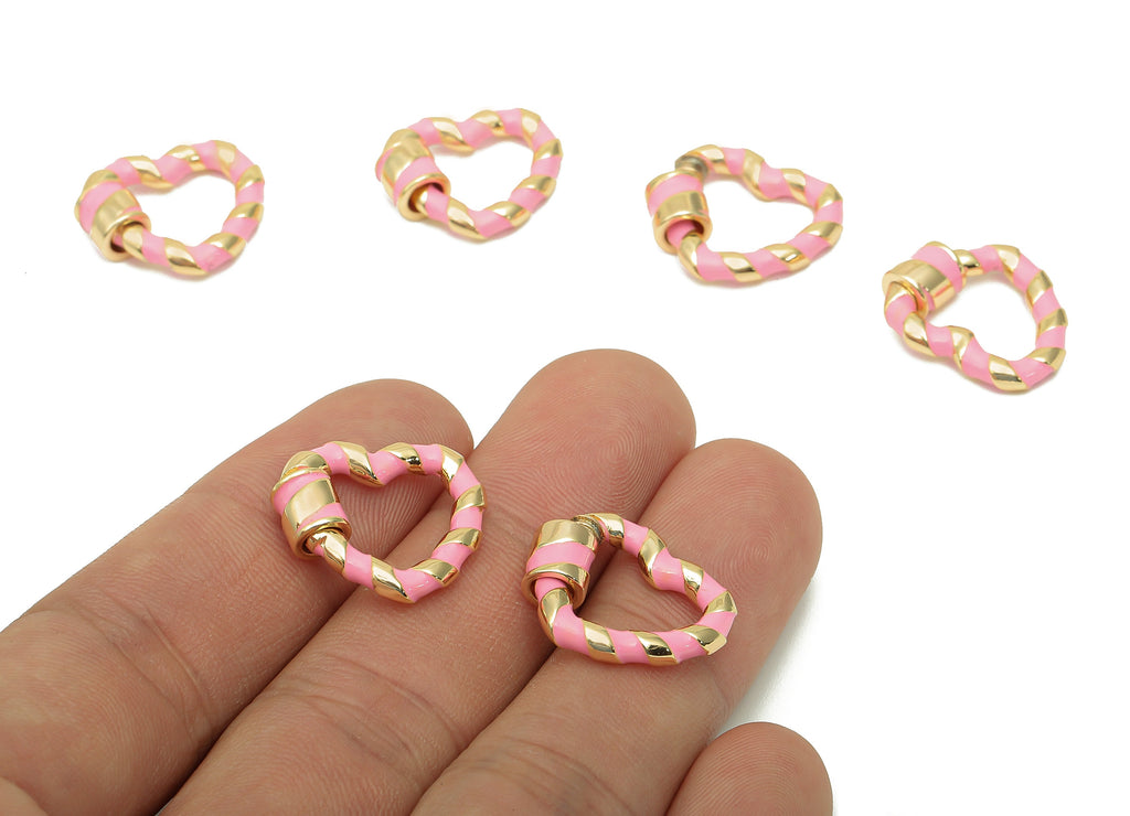 Brass Enamel Heart Screw Clasp - Pink Twisted Turnbuckle Lock - Heart Buckle Carabiner - 18K Real Gold Plating - 18.9x16.5x3.1mm - RGP5749 - DOMEDBAZAAR