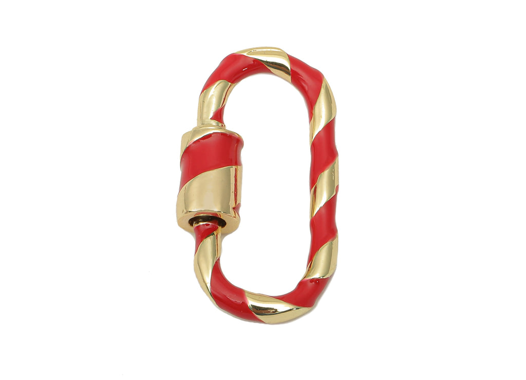 Brass Enamel Oval Rectangle Screw Clasp - Red Twisted Turnbuckle Lock - Buckle Carabiner - 18K Real Gold Plating - 25.6x13.4x2.2mm - RGP5753 - DOMEDBAZAAR