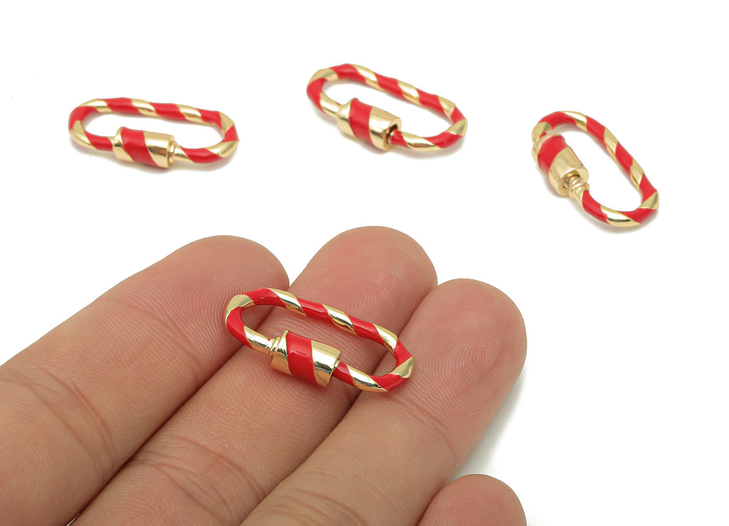 Brass Enamel Oval Rectangle Screw Clasp - Red Twisted Turnbuckle Lock - Buckle Carabiner - 18K Real Gold Plating - 25.6x13.4x2.2mm - RGP5753 - DOMEDBAZAAR