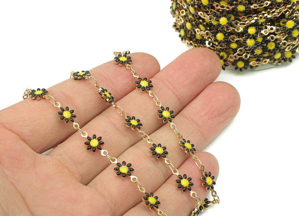 Brass Daisy Chain - Enamel Black Flower Chains - Floral Link Chain Findings - For Bracelet - 18K Real Gold Plating - 13x7.2x2mm - RGP4534 - DOMEDBAZAAR