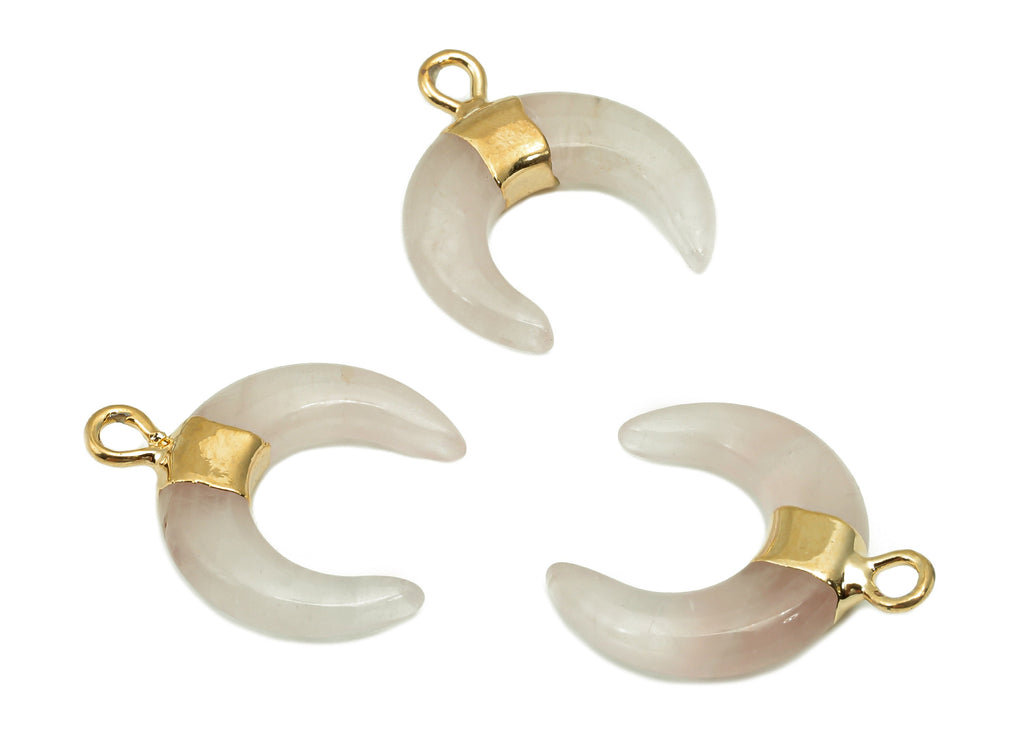 Brass Pink Crescent Rose Quartz - Moon Gemstone Pendant With Loop - Natural Stone - Gold Tone Plated Brass - 15.7x18.2x3.7mm - NS1889A - DOMEDBAZAAR