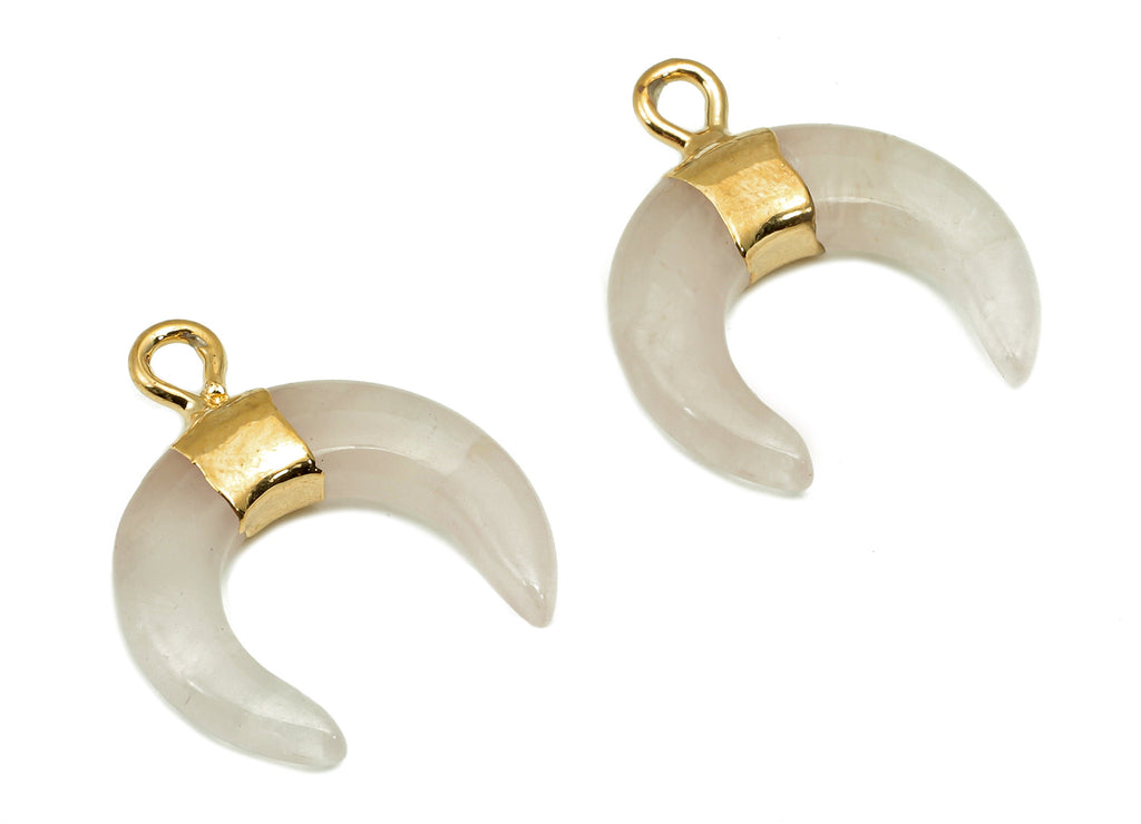 Brass Pink Crescent Rose Quartz - Moon Gemstone Pendant With Loop - Natural Stone - Gold Tone Plated Brass - 15.7x18.2x3.7mm - NS1889A - DOMEDBAZAAR