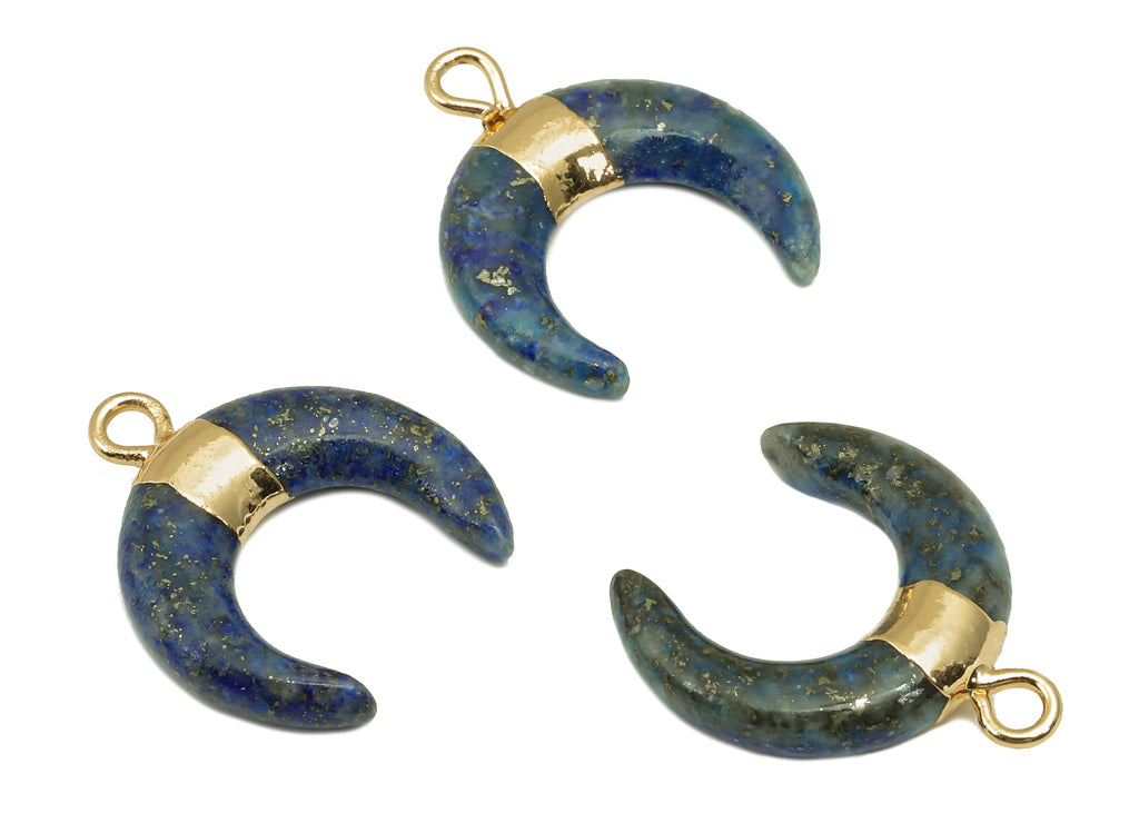 Brass Navy Crescent Lapis Lazuli - Moon Gemstone Pendant With Loop - Natural Stone - Gold Tone Plated Brass - 15.7x18.2x3.7mm - NS1889C - DOMEDBAZAAR